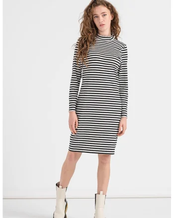 Rochie bodycon cambrata cu model in dungi Fransiska, Alb/Negru
