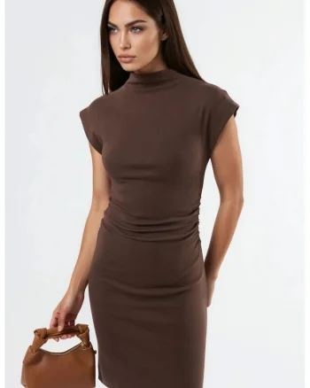 Rochie mini,  bodycon, fara maneci, maro cafea, modal-bumbac-elastan