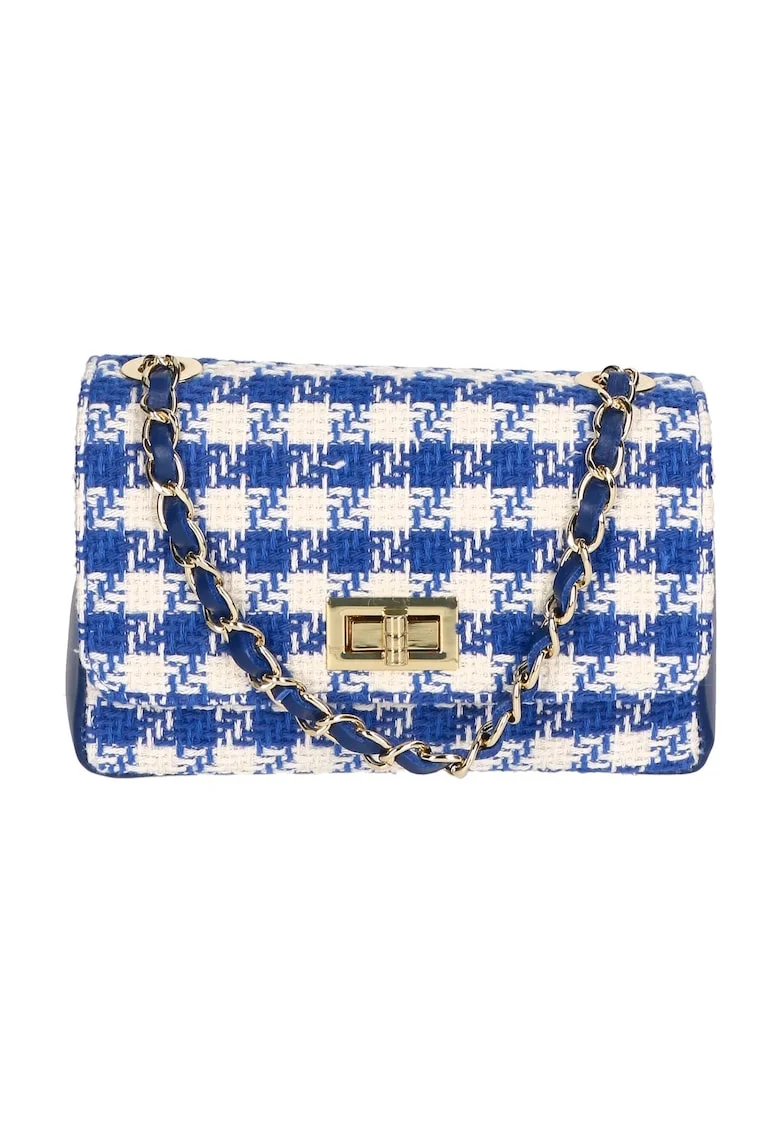 Geanta crossbody din piele si material textil cu model, Alb/Albastru inchis