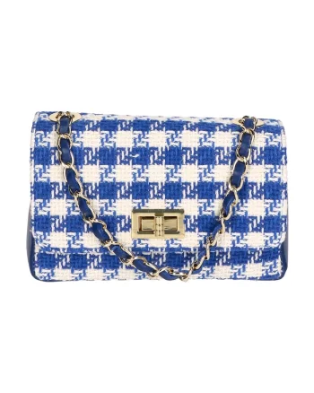 Geanta crossbody din piele si material textil cu model, Alb/Albastru inchis