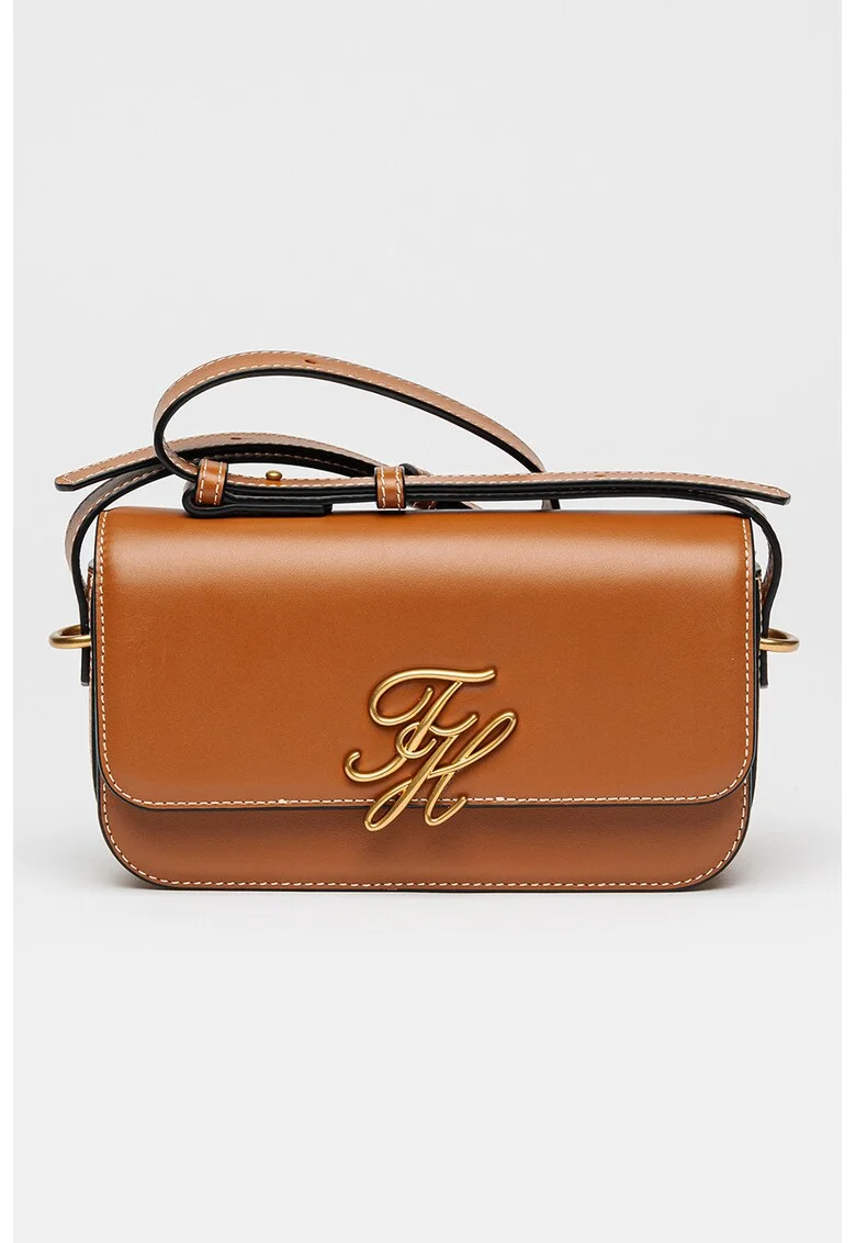Geanta crossbody de piele cu logo metalic, Maro Siena