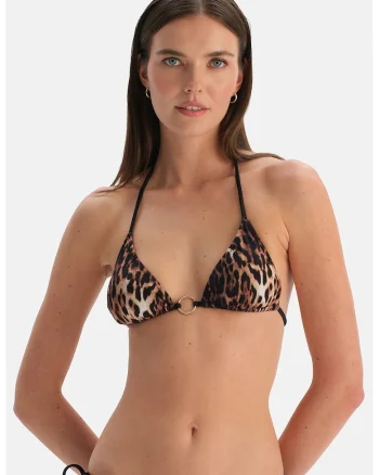 Sutien de baie cu cupe triunghiulare si model animal print, Maro cognac/Negru/Crem