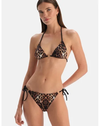 Slip cu snururi laterale si model animal print, Maro cafeniu/Negru/Crem