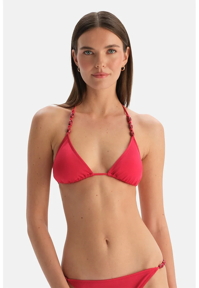 Sutien de baie cu cupe triunghiulare si model uni, Rosu capsuna