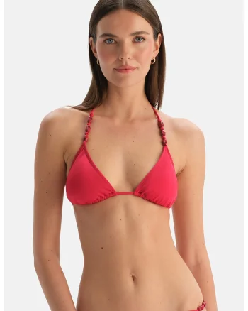 Sutien de baie cu cupe triunghiulare si model uni, Rosu capsuna