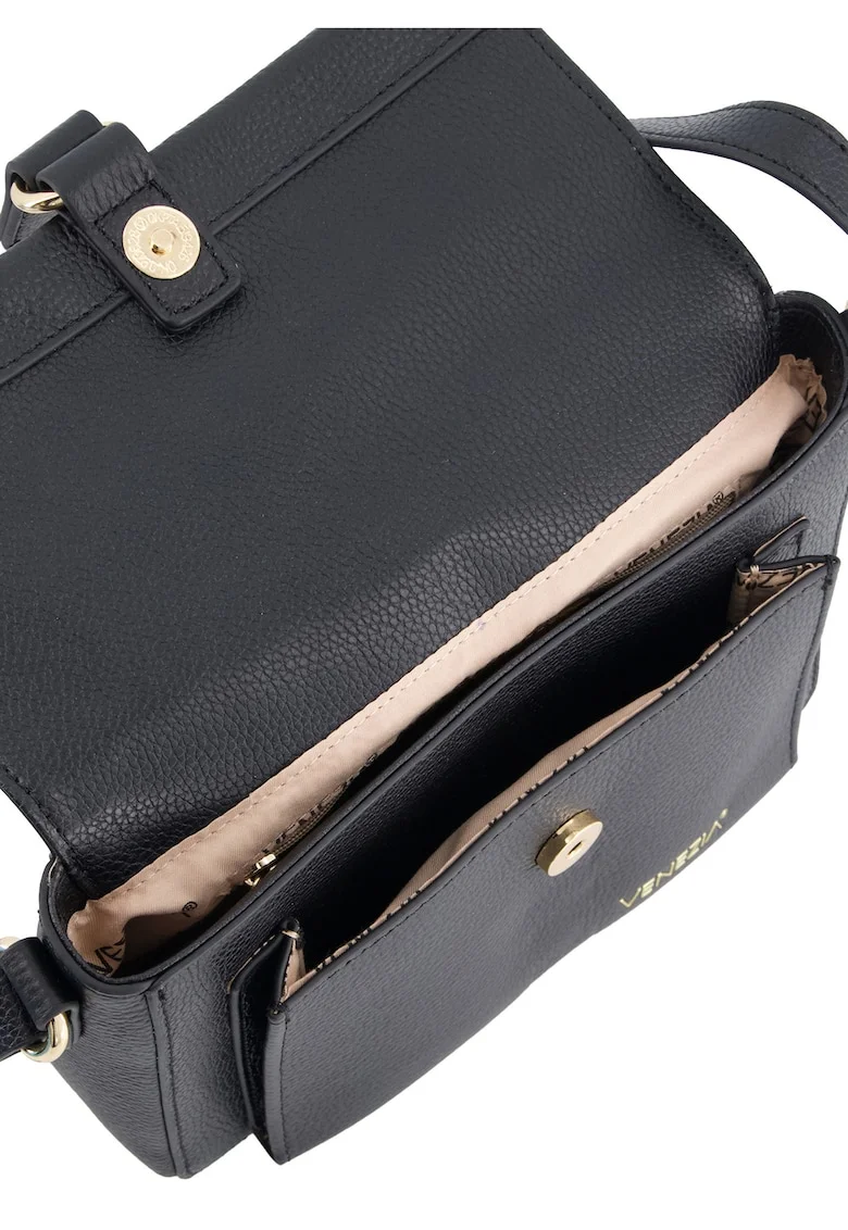 Geanta crossbody,  piele naturala, negru, 15x23x7cm, curea reglabila, elemente aurii