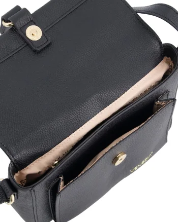 Geanta crossbody,  piele naturala, negru, 15x23x7cm, curea reglabila, elemente aurii
