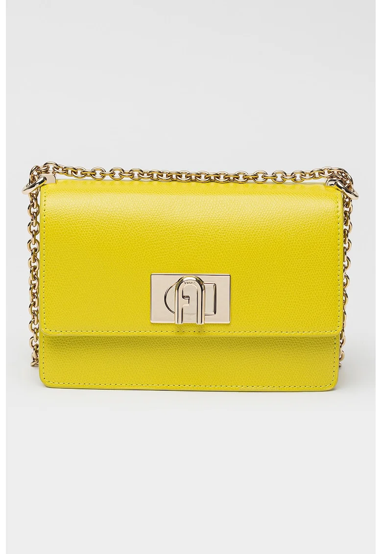 Geanta crossbody din piele cu bareta din lant si protectie pentru umar, Galben