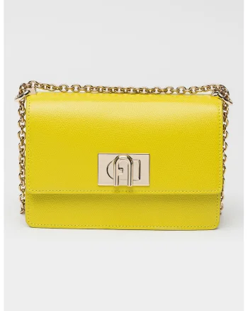 Geanta crossbody din piele cu bareta din lant si protectie pentru umar, Galben