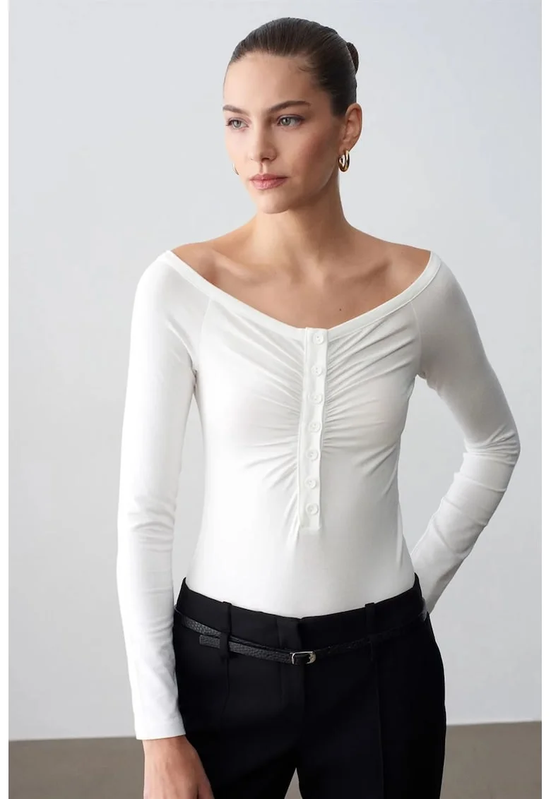 Bluze dama,  Bluza Body Slim-fit, Alb, Bumbac-Modal-Elastan
