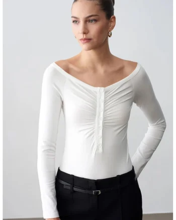 Bluze dama,  Bluza Body Slim-fit, Alb, Bumbac-Modal-Elastan