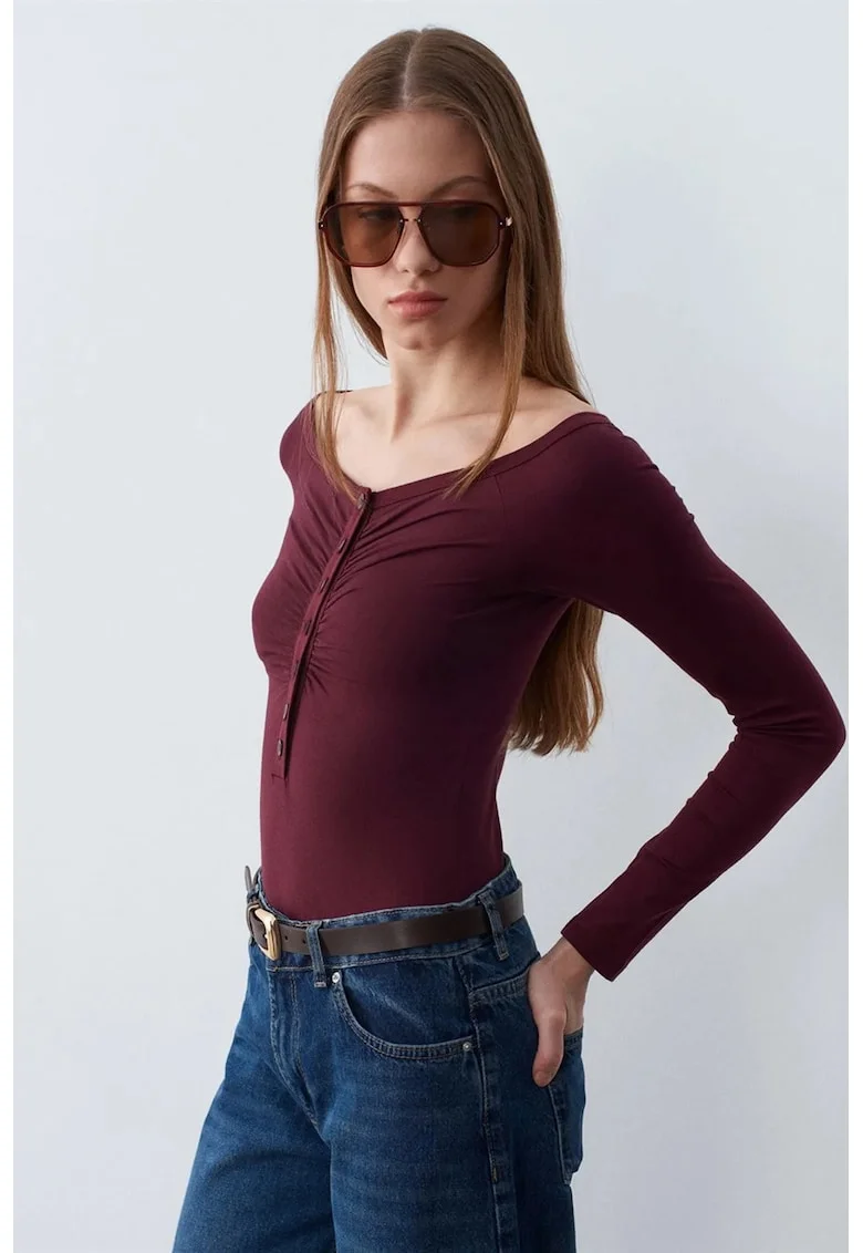 Bluza body  slim-fit, decolteu barcuta, rosu burgundy, bumbac-modal-elastan