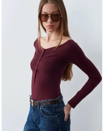 Bluza body  slim-fit, decolteu barcuta, rosu burgundy, bumbac-modal-elastan