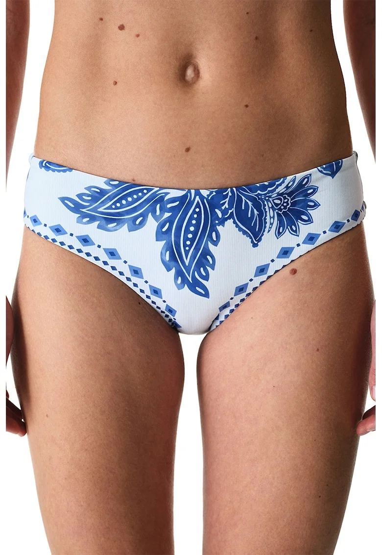 Slip cu talie joasa si imprimeu floral, Alb/Albastru
