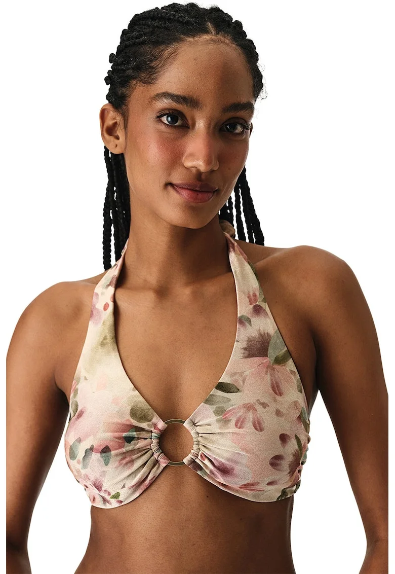Sutien de baie cu imprimeu floral si decolteu halter, Multicolor