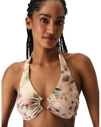 Sutien de baie cu imprimeu floral si decolteu halter, Multicolor