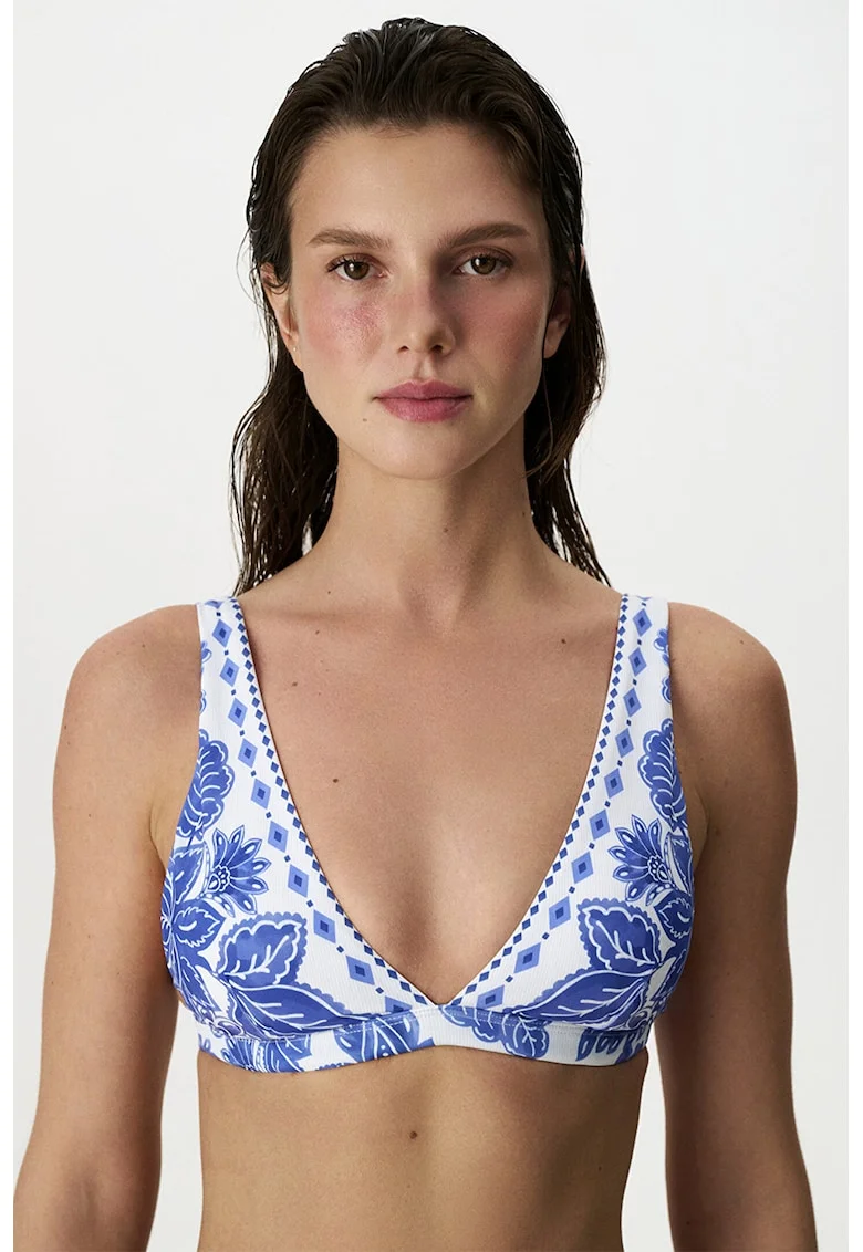 Sutien cu design floral, Alb/Albastru