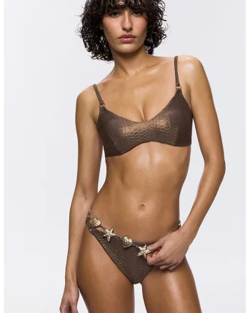 Sutien bralette cu model texturat si aspect metalizat, Maro inchis