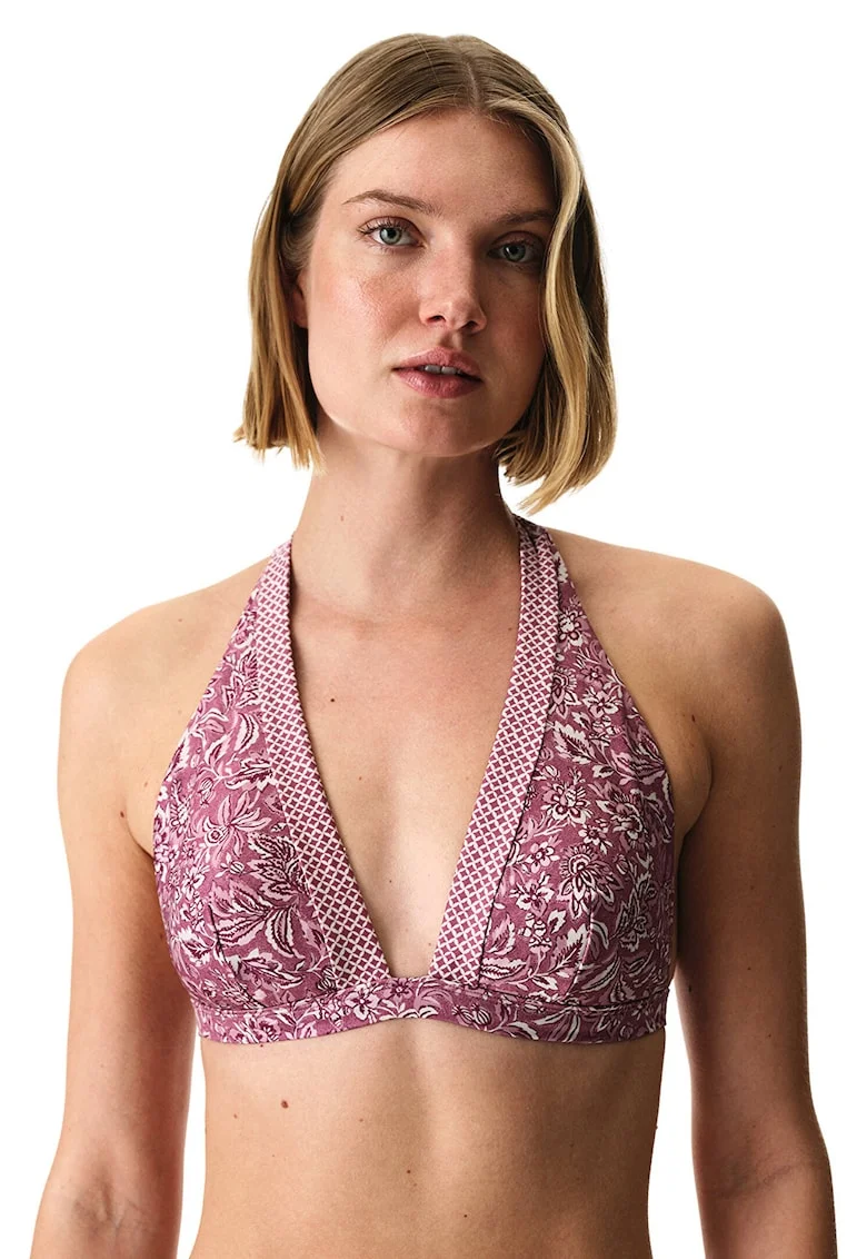 Sutien triunghiular de baie cu model, Alb/Roz inchis