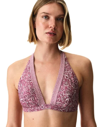 Sutien triunghiular de baie cu model, Alb/Roz inchis