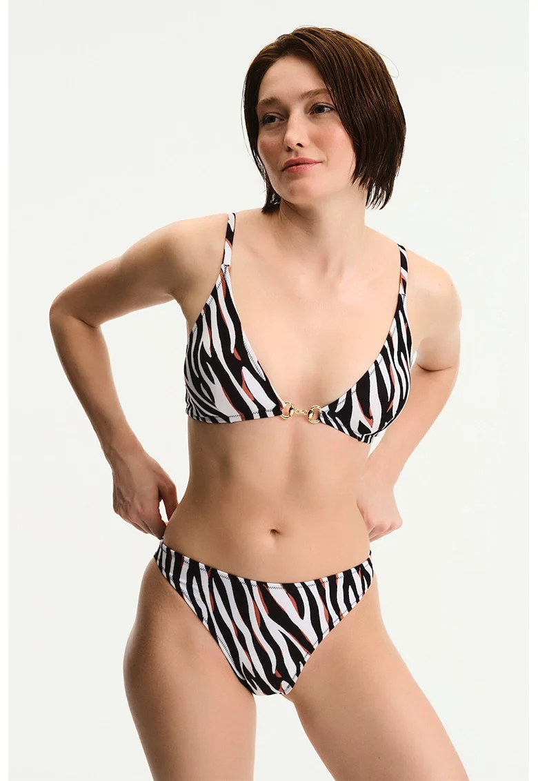 Sutien de baie cu model zebra cu detaliu metalic, Negru/Alb optic/Rosu mac