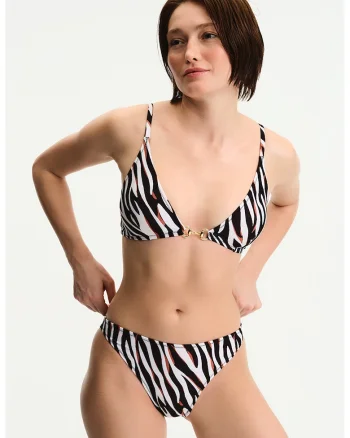 Sutien de baie cu model zebra cu detaliu metalic, Negru/Alb optic/Rosu mac