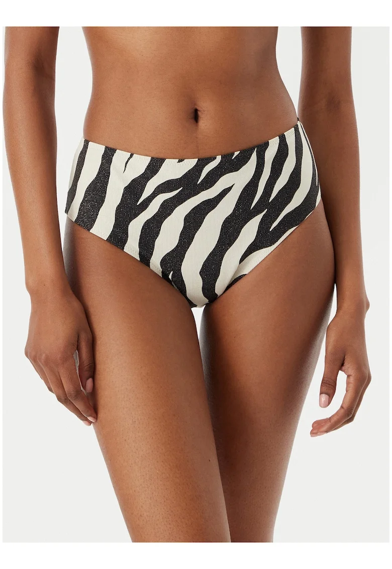 Slip de bikini dama,  animal print zebra, Negru/Bej