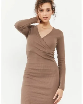 Rochie Midi,  Bodycon, Bej Natural, Bumbac-Elastan