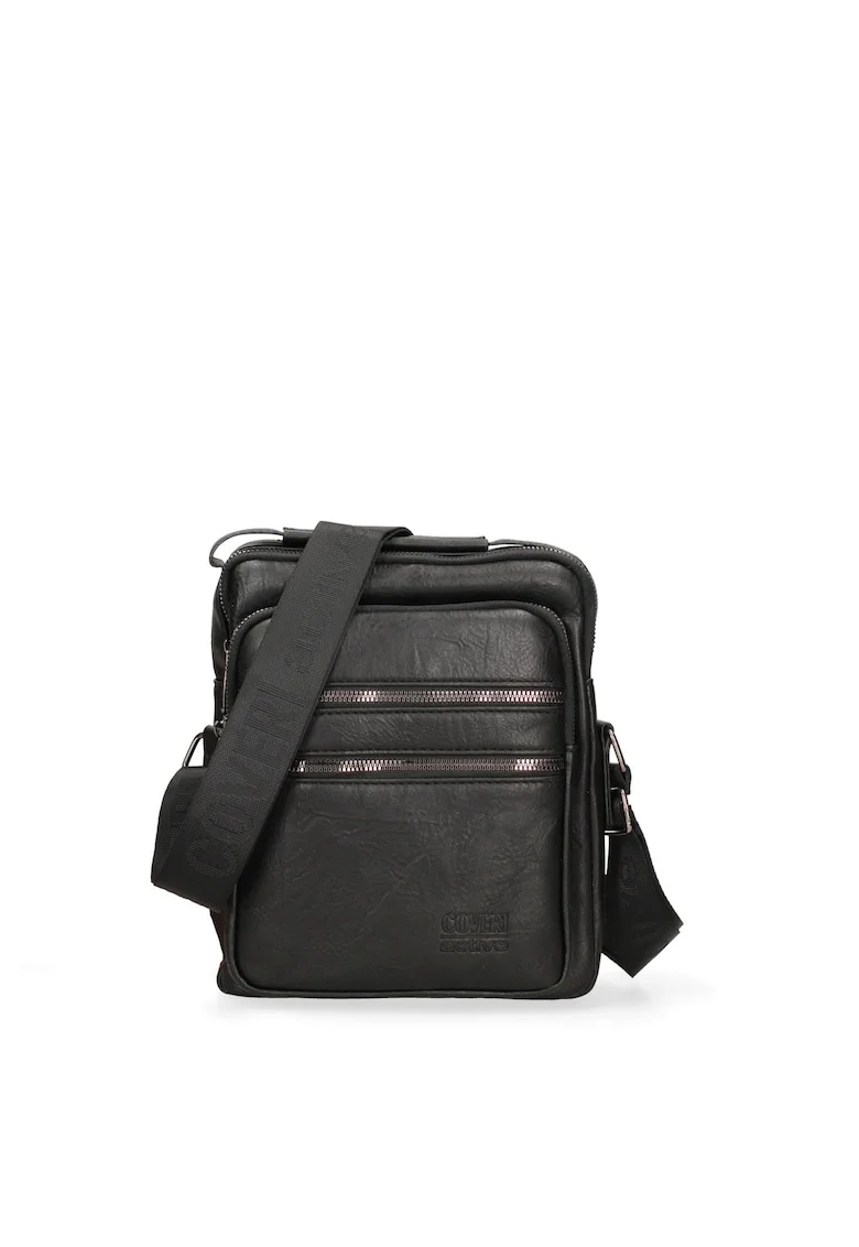 Geanta crossbody din piele ecologica cu buzunare cu fermoar, Negru