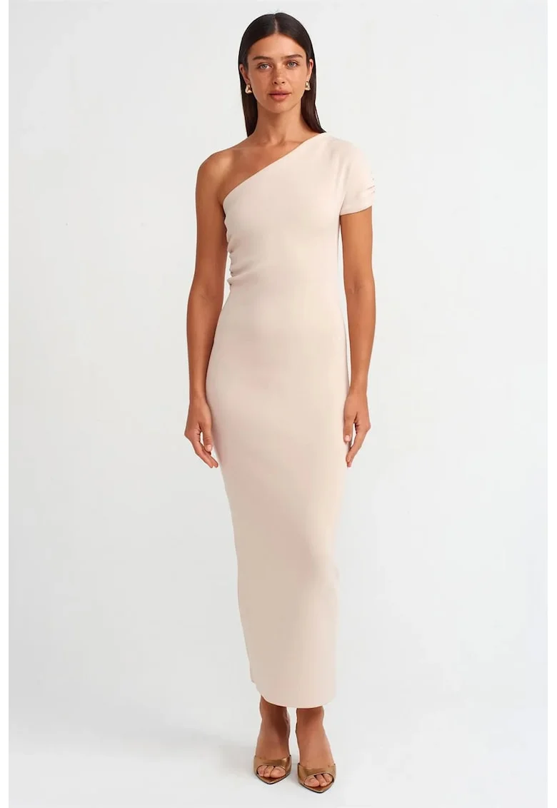 Rochie Maxi,  Bodycon, Asimetric, Crem Natural, Poliamida/Viscoza, One Size
