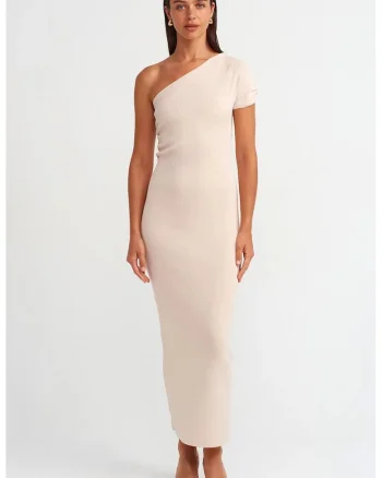 Rochie Maxi,  Bodycon, Asimetric, Crem Natural, Poliamida/Viscoza, One Size