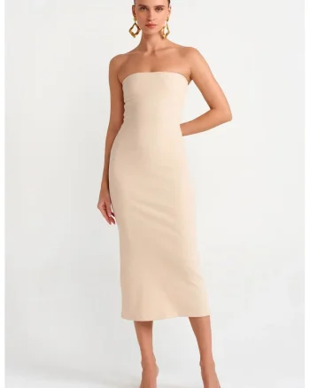 Rochie Midi,  Bodycon, Bej Natural, Bumbac/Elastan,