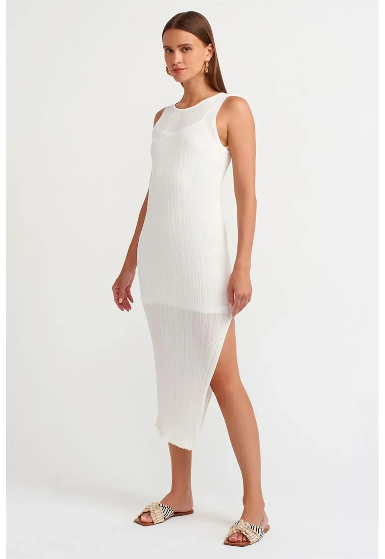 Rochie Midi,  Bodycon, Alb, Fara Maneci, Nervuri, 89% Viscoza,