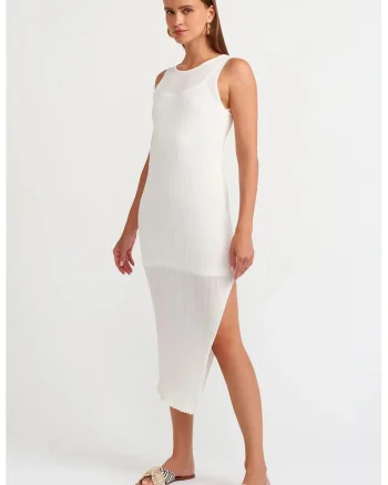 Rochie Midi,  Bodycon, Alb, Fara Maneci, Nervuri, 89% Viscoza,