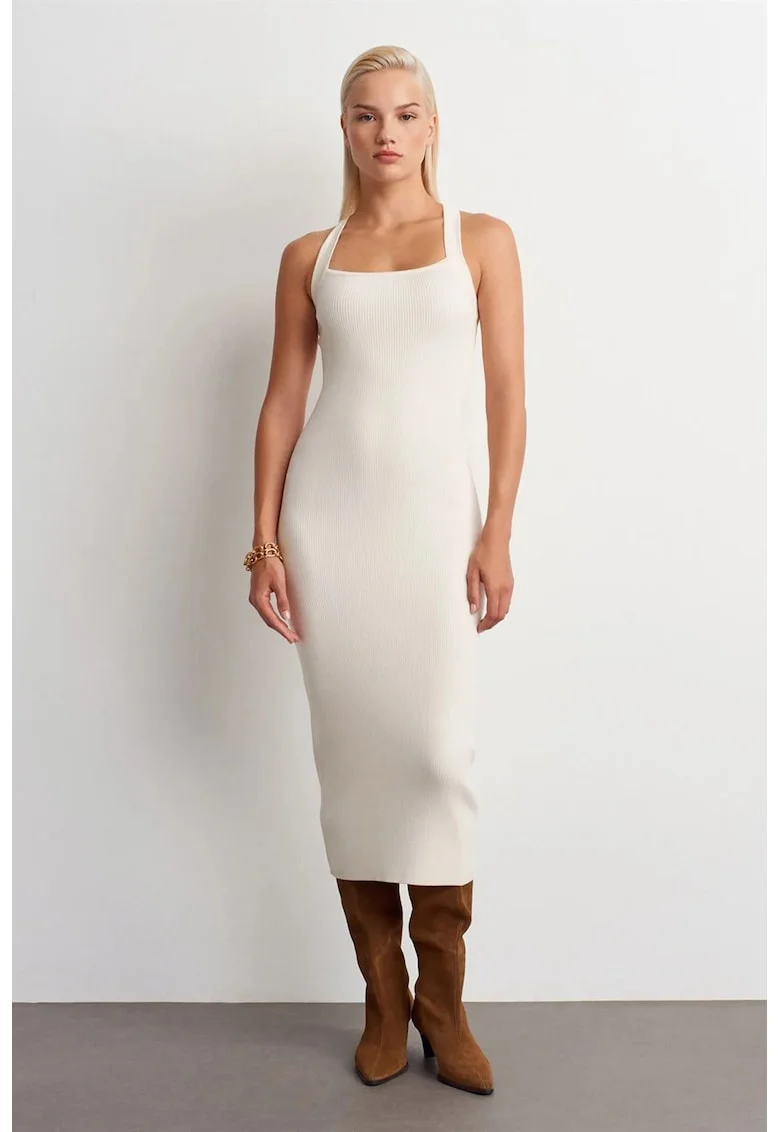 Rochie Bodycon Midi  Halter, Crem Natural, Femei, One Size