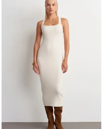 Rochie Bodycon Midi  Halter, Crem Natural, Femei, One Size