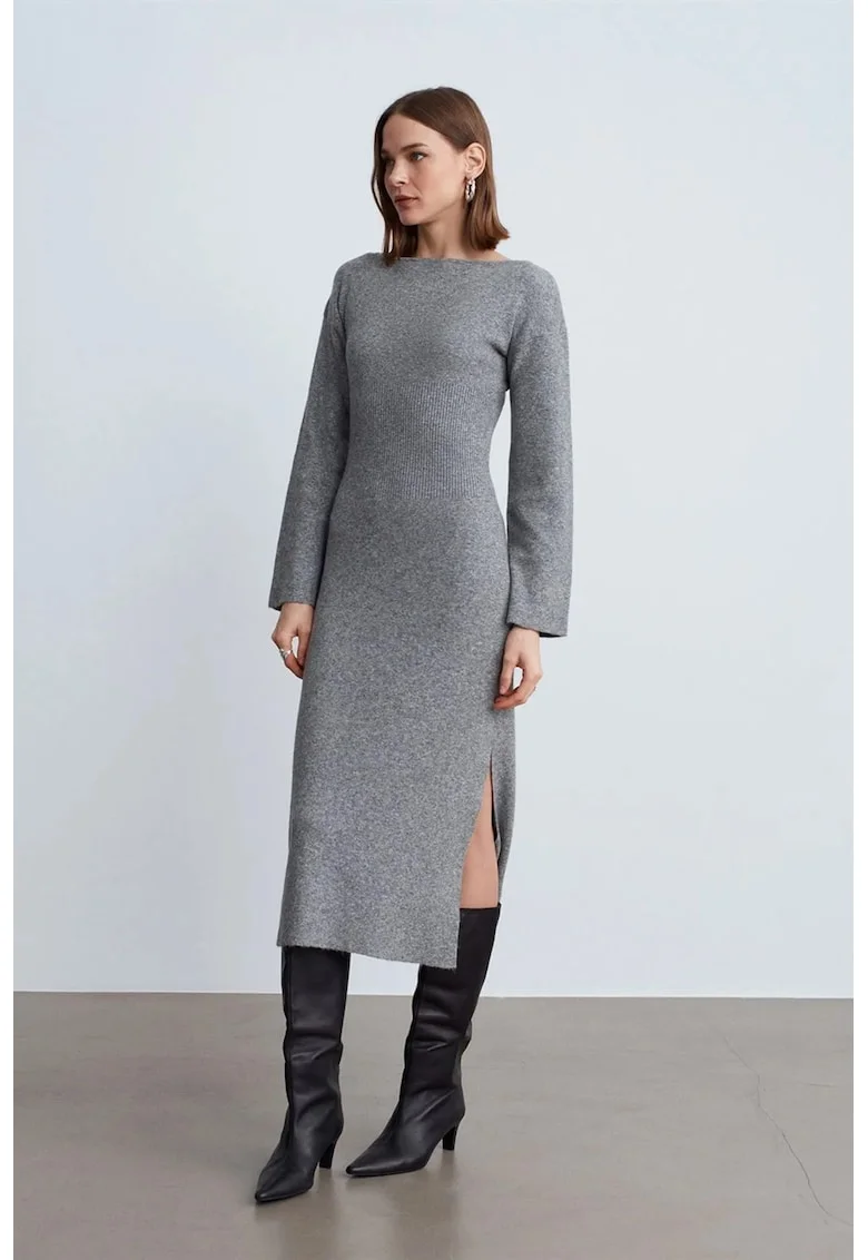 Rochie Midi,  Bodycon, Gri, Casual, Maneca Lunga, Cu Slit,