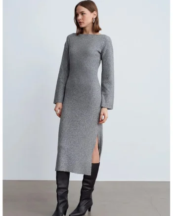 Rochie Midi,  Bodycon, Gri, Casual, Maneca Lunga, Cu Slit,