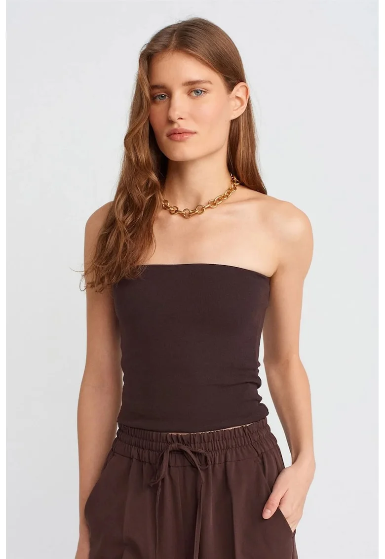 Bluza bandeau  bodycon, slim fit, maro cafea, bumbac cu elastan,