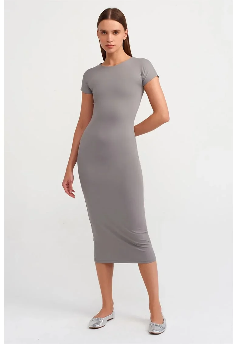 Rochie Midi Bodycon,  Gri Ardezie, Casual, Maneca Scurta, Elastic, Fara Inchidere, Femei,
