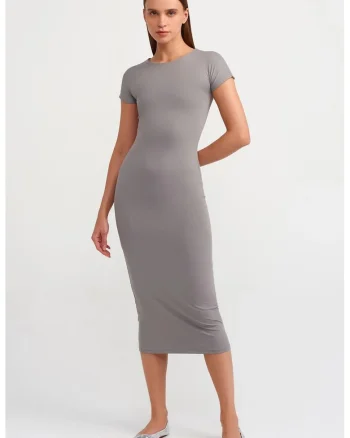 Rochie Midi Bodycon,  Gri Ardezie, Casual, Maneca Scurta, Elastic, Fara Inchidere, Femei,