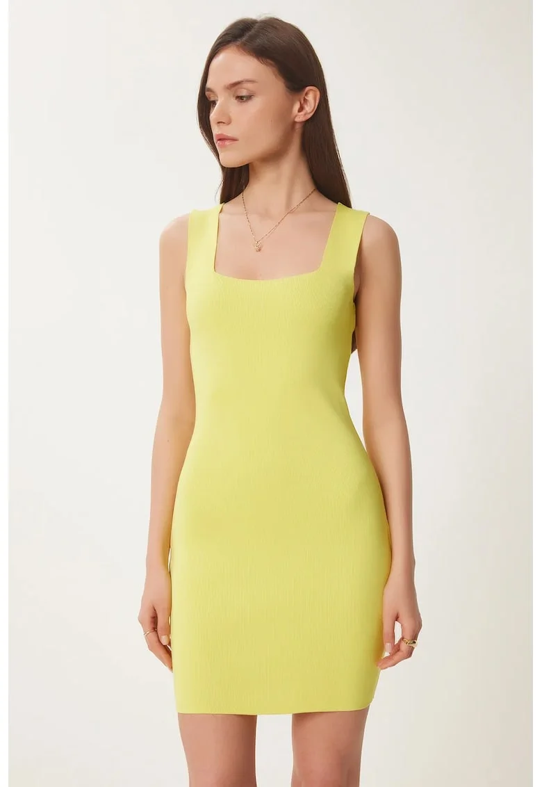 Rochie mini mulata Happiness Istanbul, galben chihlimbar, bodycon, guler patrat, 100% poliester,