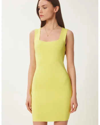 Rochie mini mulata Happiness Istanbul, galben chihlimbar, bodycon, guler patrat, 100% poliester,