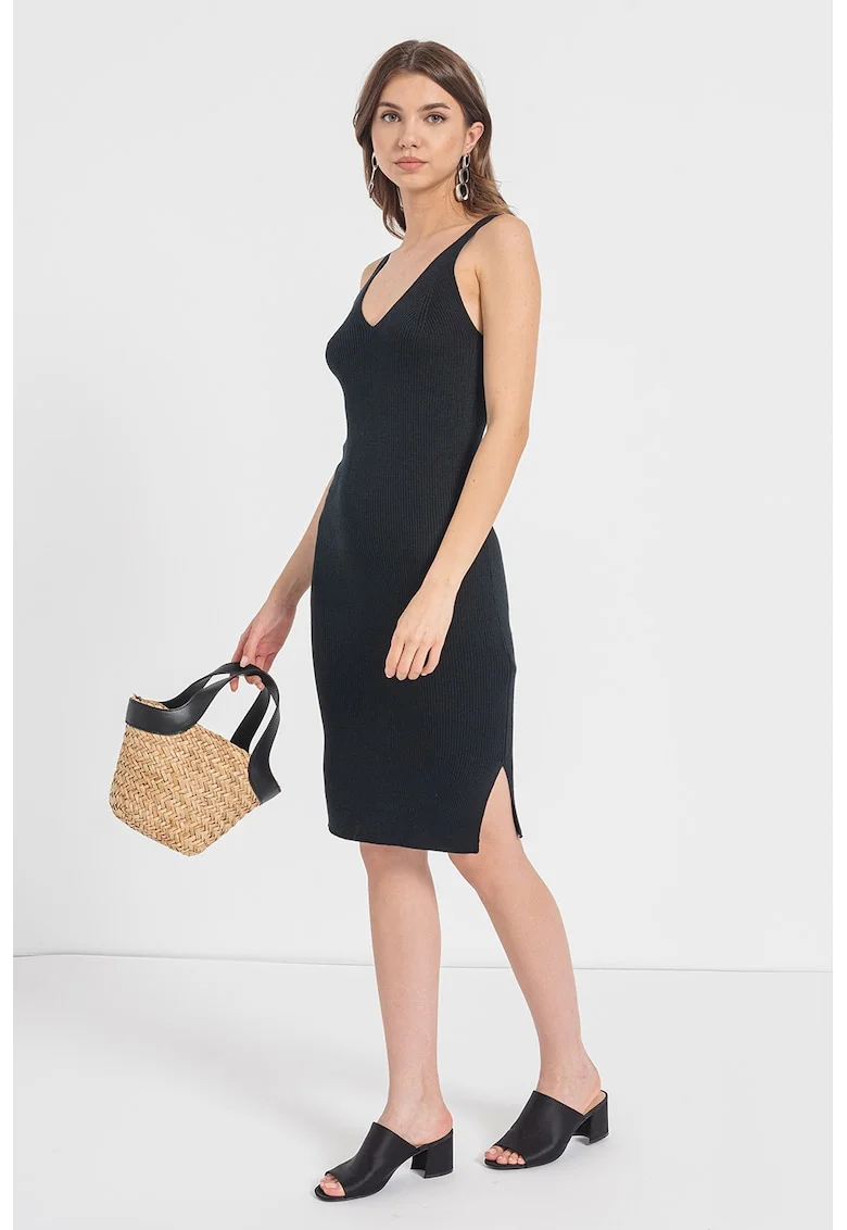 Rochie striata cu croiala bodycon si slit lateral, Negru