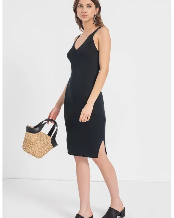 Rochie striata cu croiala bodycon si slit lateral, Negru