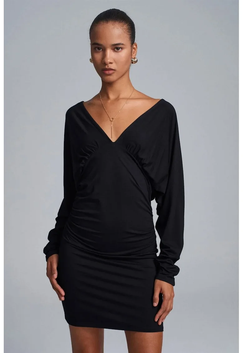 Rochie Mini Bodycon  Eleganta, Drapaj, Negru, 63% viscoza
