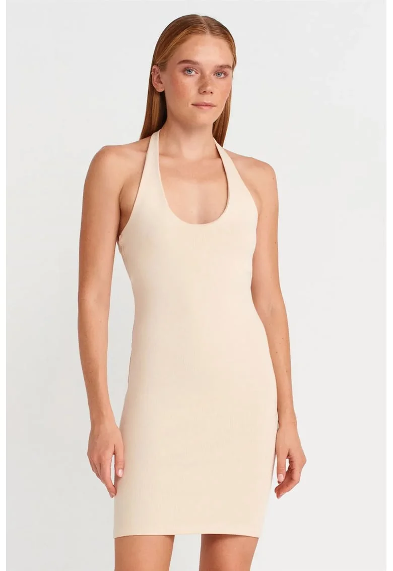 Rochie Mini,  Bodycon, Halter, Crem Natural, Bumbac