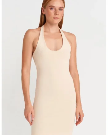Rochie Mini,  Bodycon, Halter, Crem Natural, Bumbac