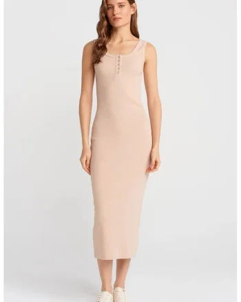 Rochie Bodycon Midi  Casual, Bej Natural, 94% bumbac/6% elastan