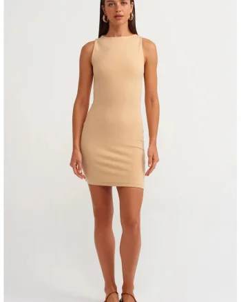Rochie Mini Bodycon  Elegant, Bej Natural, Bumbac/Elastan